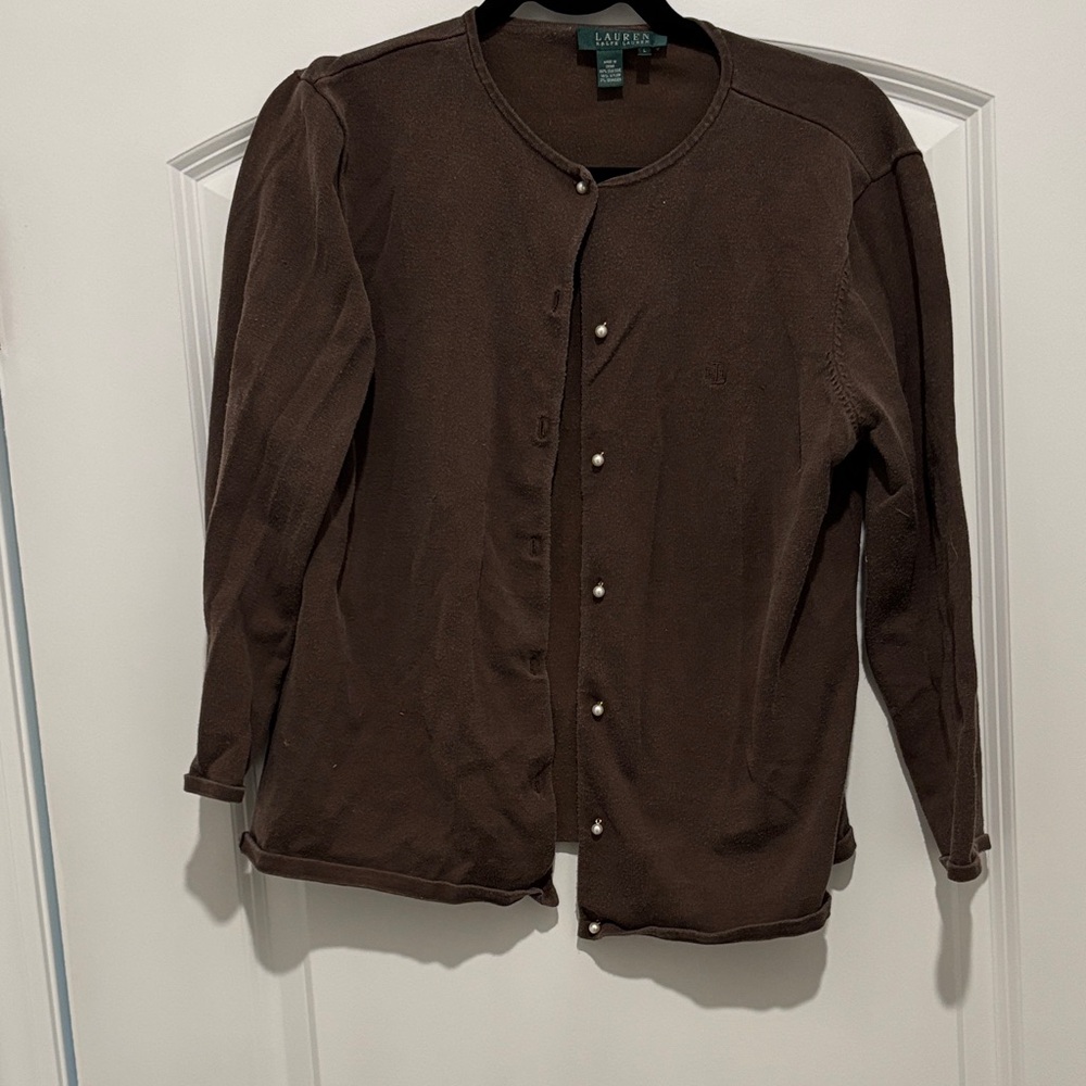 Lauren Ralph Lauren Brown Crewneck Button-Front Cardigan Jacket